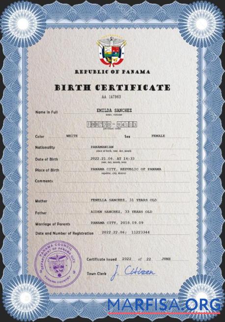 Printable Panama vital record birth certificate PSD template